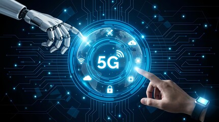 Futuristic 5G technology concept showcasing a robotic hand and a human hand reaching towards a glowing 5G symbol surrounded by digital icons and circuit patterns in a dark background.