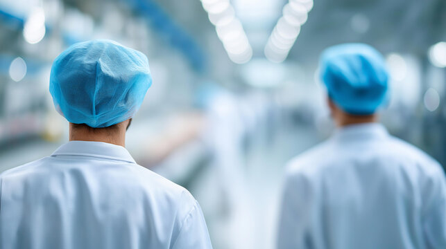 Workers white lab coats blue defocused caps walking, faceless sterile facility, production visualization detail, blurred daytime background, manufacturing concept, clean interface,