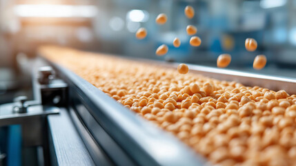 Fototapeta premium Automated food production modern processing defocused plant features, faceless stainless machinery, chickpeas visualization detail, blurred conveyor background, efficiency concept,