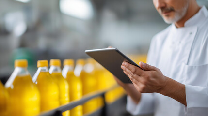 Food production worker white uniform defocused using digital, faceless tablet monitoring, production visualization detail, blurred conveyor background, oil bottles concept, process