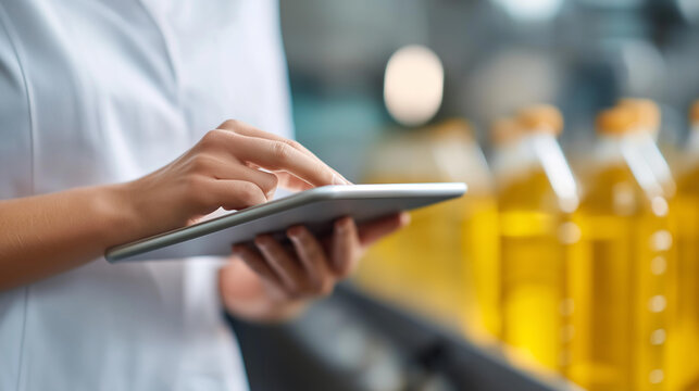 Food production worker white uniform defocused using digital, faceless tablet monitoring, production visualization detail, blurred conveyor background, oil bottles concept, process