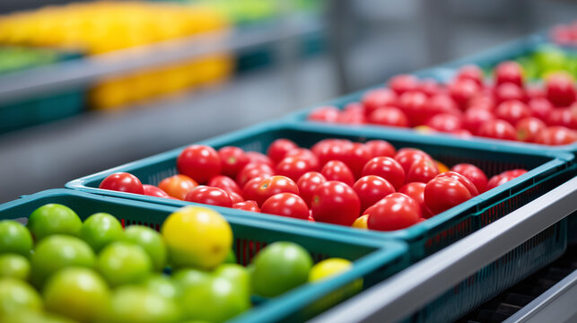 Overhead view crates filled mixed defocused tomatoes limes, faceless conveyor belts, warehouse visualization detail, blurred packaging background, transport concept, machinery inte