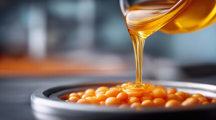 Oil flowing over seeds in defocused processing facility, faceless extraction process, manufacturing visualization detail, blurred production background, oil concept, processing int