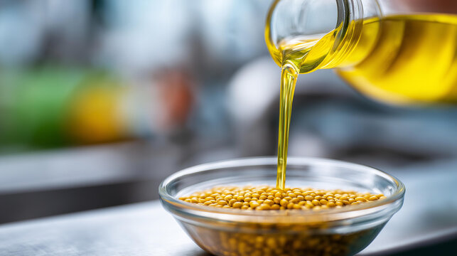 Oil flowing over seeds in defocused processing facility, faceless extraction process, manufacturing visualization detail, blurred production background, oil concept, processing int
