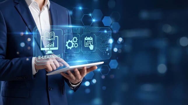 Digital Education Technology Concept Businessman Using Tablet for Online Learning and Business Management Tools