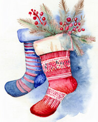Christmas holiday knitted stockings watercolor illustration greeting