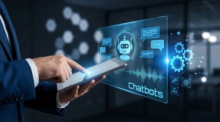 Futuristic Technology Businessman Interacting With Advanced Chatbot Interface on Digital Screen