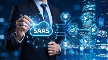 Business Professional Innovating with Software as a Service Cloud Technology and Digital Network Connections