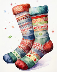 Cozy patterned winter socks watercolor illustration
