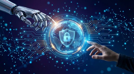 Robotic Hand and Human Finger Touch Globe Security Icon AI Data Protection Concept
