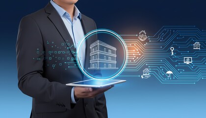 Business Professional Holding Tablet Displaying Futuristic Digital Building Interface with Circuitry Background
