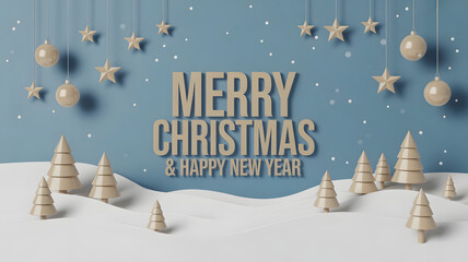 Wish your loved ones a very Merry Christmas and a Happy New Year with this festive design featuring winter trees, elegant ornaments, and falling snow, perfect for holiday greetings