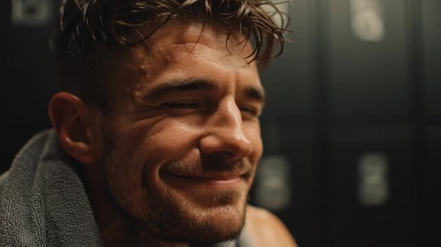 Post workout calm, man sitting near locker, towel around neck, deep exhale and relaxed smile, cinematic cool lighting of gym serenity, human energy in rest and recovery.