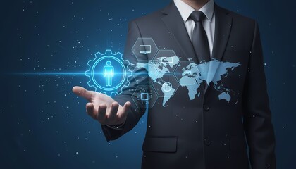 A businessman in a suit extends his hand displaying a glowing digital world map with holographic icons representing global networking and technology innovation concepts.