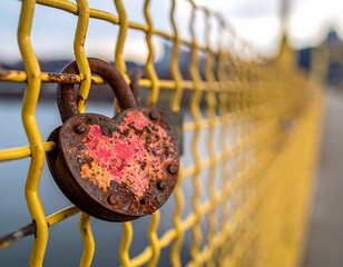 Close-up of a rusty, heart-shaped padlock hanging on a vibrant yellow chain-link fence, blurred background