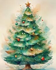 Christmas tree watercolor painting with ornamental decorations