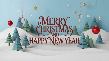 Celebrate the season with this festive Merry Christmas and Happy New Year greeting among whimsical trees, perfect for holiday cards and joyful winter designs, a charming seasonal scene
