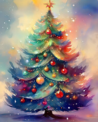 Christmas tree decorating festive holiday season watercolor