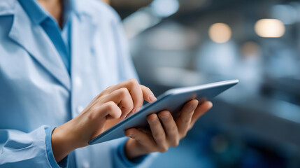Food factory manager using digital defocused tablet monitoring, faceless production process, facility visualization detail, blurred manufacturing background, management concept, te