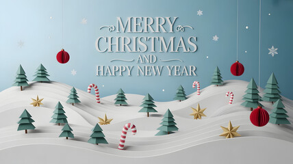 Delightful Merry Christmas and Happy New Year scene with whimsical candy canes, festive Christmas trees, and shimmering stars, perfect for holiday greetings and seasonal cheer