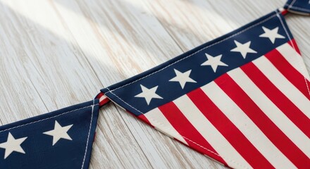 Red and blue bunting with stars and stripes on wooden background  