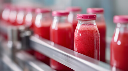 Production juice from fruits berries defocused factory conveyor, faceless bottles juice, beverage visualization detail, blurred production background, manufacturing concept, bottli