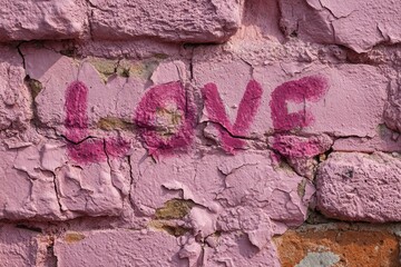Naklejka premium Pink brick wall with textured surface featuring the word love spray-painted in bold letters, creating an urban art vibe and expressing affection in a vibrant setting