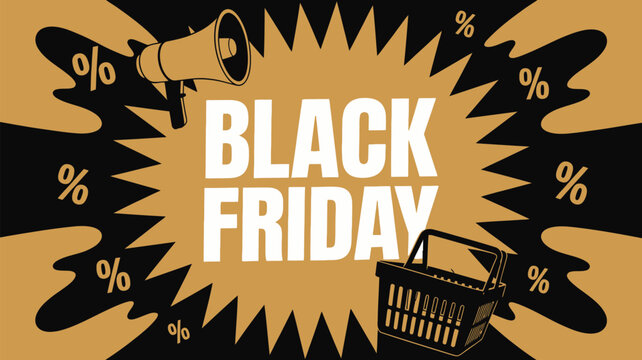 Don't miss out on Black Friday savings with a megaphone and shopping basket, discounts for all, get ready to shop now for amazing deals