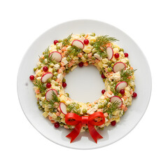 Traditional Russian Olivier Salad Molded into a Festive Wreath with Radish and Cranberry Garnishes isolated on a transparent background 