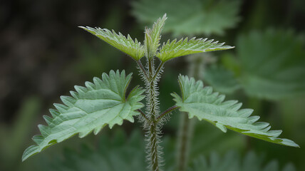 Close-up of a Stinging Nettle Plant (Urtica dioica) with Detailed Leaves and Stem Hairs, Green Background, Natural Light, Medicinal Herb, Wild Plant