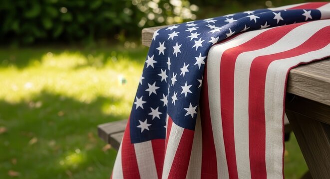American flag tablecloth draped over picnic table in sunny garden