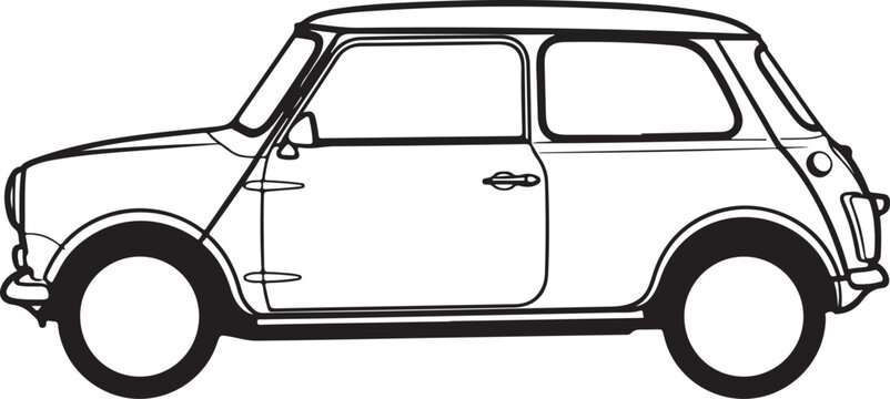 Naklejki Classic mini cooper outline drawing, simple vector line art of car