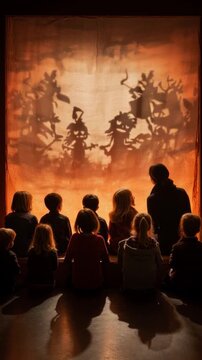 Puppet master performing shadow play for children in cultural center, intricate figures moving against glowing screen, children watching in awe, heritage and storytelling captured.