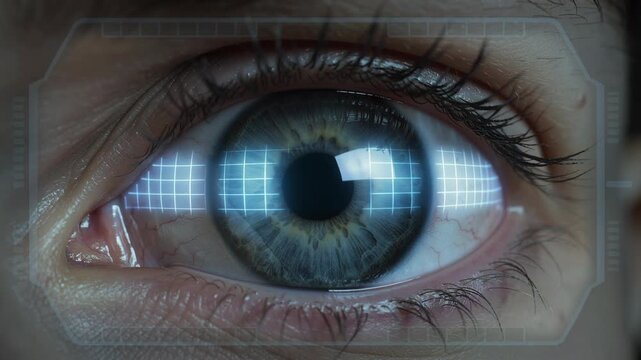 Female eye scan for futuristic biometric identification. Woman using digital grid technology for iris recognition and security access. - Powered by Adobe