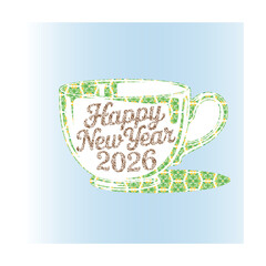 Happy New Year 2026 Coffee Cup Greeting Card Illustration with Floral Pattern