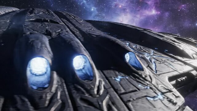 A close-up view of a futuristic dark grey spacecraft with glowing blue engines flying through a vibrant purple and blue cosmic sky.