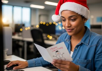 Smiling employee in Santa hat pauses mid-work to read a Christmas card, capturing warm holiday spirit inside a festive office.