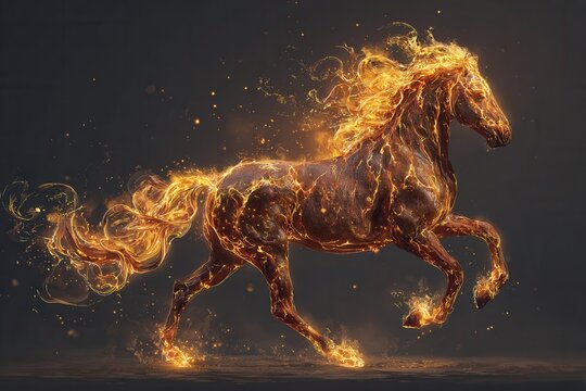 Fiery horse galloping with flames and sparks, showcasing dynamic movement and energy, representing strength and power in a captivating visual display of creativity
