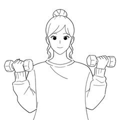 ダンベルを持つ女性　白黒イラスト