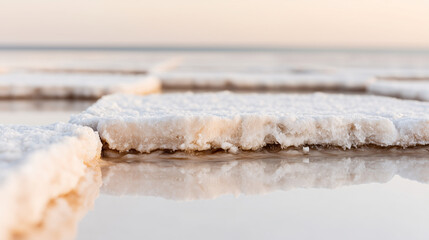 Closeup of salt slabs and reflections in shallow water highlighting microtexture of deposits.