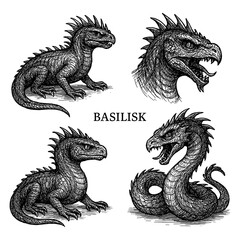 Vintage basilisk mythic creature engraving illustration set
