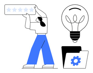 Person lifts five-star rating light bulb symbolizes ideas folder with gear indicates productivity or innovation. Ideal for service feedback, ideas, innovation, improvement, creativity, rating