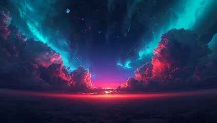 Dreamy aurora borealis landscape wallpaper background with colorful clouds art