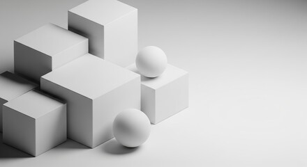 Abstract Composition of Geometric Shapes with White Cubes and Spheres on Gray Surface
