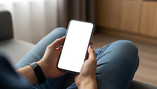 Man using a smartphone while resting at home, creating a mock-up for application promotion or mobile-friendly website design