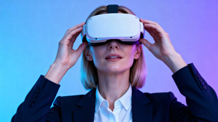 Innovative woman exploring virtual reality technology in a modern setting