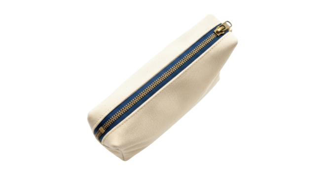 Isolated off-white canvas pouch with blue zipper, simple beige zip case, bag for art supplies