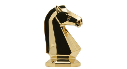 Isolated gold-colored knight chess piece, stylish and modern, with faceted surfaces and sharp lines