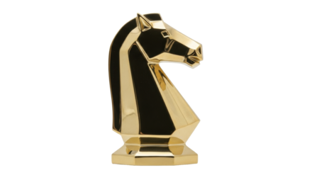Isolated gold-colored knight chess piece, stylish and modern, with faceted surfaces and sharp lines