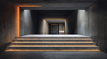 Lit concrete steps leading into dark tunnel with orange accents